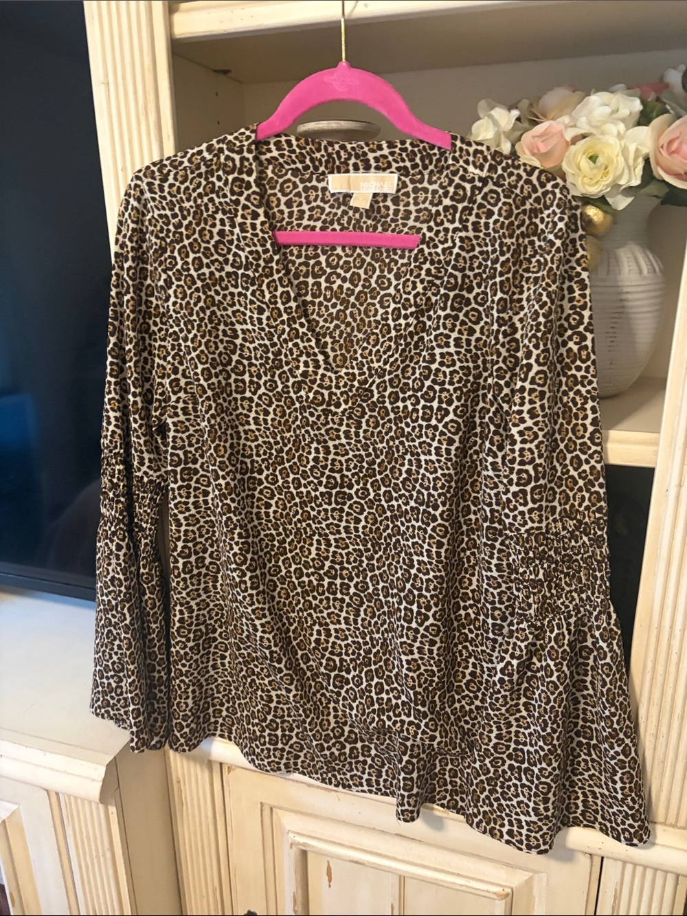 Michael Kors Leopard Print V-Neck Bell Sleeve Blouse - Brown/Cream